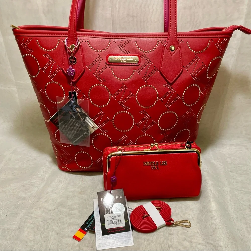 Nicole Lee NL Laser Cut Monogram Shopper with Studding, NWT and Dustbag